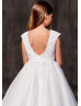 Beaded White Lace Tulle V Back Chic Flower Girl Dress